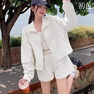 【初色】純色簡約立領拉鍊長袖遮陽防曬輕薄透氣外套+抽繩鬆緊腰寬褲短褲套裝-共5色-13133(M-2XL可選) L 白色