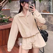 【初色】純色簡約立領拉鍊長袖遮陽防曬輕薄透氣外套+抽繩鬆緊腰寬褲短褲套裝-共5色-13133(M-2XL可選) 2XL 香檳色