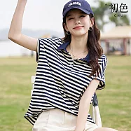 【初色】棉麻文藝風顯瘦條紋半門襟翻領寬鬆短袖襯衫上衣女上衣-藏青色-12695(M-2XL可選) M 藏青色