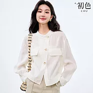 【初色】簡約純色休閒斜門襟輕薄寬鬆短款防曬長袖外套女外套-米白色-12716(M-2XL可選) 2XL 米白色