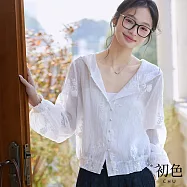 【初色】慵懶風輕薄純色褶皺繡花花邊裝飾連帽長袖開衫遮陽防曬外套女外套-白色-12720(M-2XL可選) L 白色