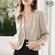 【初色】氣質簡約通勤風V領七分長袖單扣西裝外套女外套-共2色-12702(M-2XL可選) M 香檳色