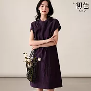 【初色】新中式復古立領盤扣短袖旗袍寬鬆中長裙連衣裙連身洋裝長裙-紫色-12710(M-XL可選) M 紫色