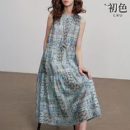 【初色】波西米亞風印花圓領無袖中長連衣裙連身洋裝-藍色-12721(M-2XL可選) M 藍色