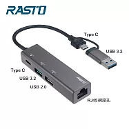 RASTO RH12 鋁製USB3.2+RJ45高速網卡集線器 黑