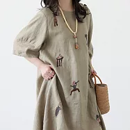 【ACheter】 原創手工刺繡簡約圓領寬鬆亞麻感短袖洋裝# 125207 2XL 綠色