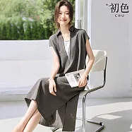 【初色】氣質風純色拼接假兩件翻領短袖中長連衣裙連身洋裝-灰色-12742(M-2XL可選) M 灰色