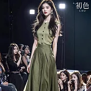 【初色】小香風排釦圓領無袖背心上衣女上衣+純色簡約高腰中長裙半身裙套裝-綠色-12751(M-XL可選) L 綠色