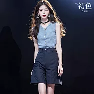 【初色】休閒條紋V領無袖背心上衣女上衣+純色簡約時尚西裝褲闊腿褲短褲套裝-藍色-12749(M-XL可選) L 藍色