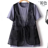 【初色】圓領簡約字母印花短袖T恤上衣+復古蕾絲V領無袖馬甲背心套裝-共3色-12544(M-3XL可選) M 灰黑色