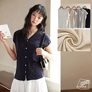 【BODYAIR嚴選】V領鈕釦衫天絲亞麻短袖上衣(T恤.透氣.鬆軟.針織.外套.CASUAL) M 藍