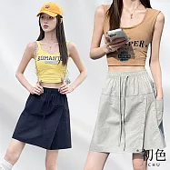 【初色】運動風純色鬆緊腰前開叉抽繩口袋工裝褲裙休閒褲短褲-共5色-13481(M-XL可選) M 灰色