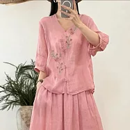 【ACheter】 新中式國風重工刺繡七分袖上衣透氣料茶服襯衫# 125229 L 玫紅色