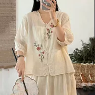 【ACheter】 新中式國風重工刺繡七分袖上衣透氣料茶服襯衫# 125229 XL 米白色