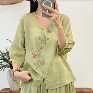 【ACheter】 新中式國風重工刺繡七分袖上衣透氣料茶服襯衫# 125229 2XL 綠色