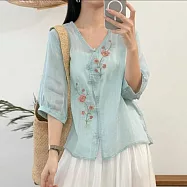 【ACheter】 新中式國風重工刺繡七分袖上衣透氣料茶服襯衫# 125229 2XL 藍色