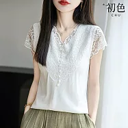 【初色】日系蕾絲鏤空拼接珍珠裝飾純色V領短袖T恤上衣女上衣-共2色-13471(M-3XL可選) M 白色