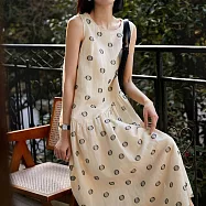 【MsMore】 緹花波點圓領絲質顯瘦A字長版背心洋裝# 125314 M 杏色