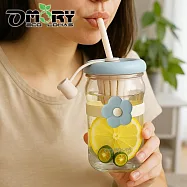 【OMORY】花漾玻璃吸管杯500ML附茶隔- 藍