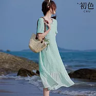 【初色】小香風肌理感拼接裝飾圓領短袖魚尾連衣裙連身洋裝長洋裝-淺綠色-12519(M-2XL可選) M 淺綠色