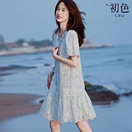 【初色】韓系氣質重工刺繡蕾絲裝飾領口泡泡袖A字花邊洋裝連身洋裝長洋裝-共2色-12518(M-2XL可選) M 藍色