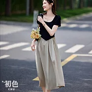 【初色】休閒純色短袖方領高腰A字裙假兩件式中長裙連衣裙連身洋裝長裙-黑色-12521(M-2XL可選) M 黑色