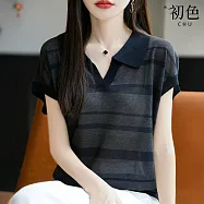 【初色】休閒薄款撞色拼接條紋翻領小V領短袖真絲衫襯衫上衣女上衣-黑色-13456(M-3XL可選) M 黑色