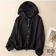 【初色】大碼寬鬆遮肉透氣棉麻風防曬鈕扣長袖抽繩連帽外套-共4色-12591(M-2XL可選) XL 藏青色