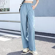 【初色】初色生活 純色高腰男女同款拼接戶外通勤防曬闊腿褲休閒褲寬褲長褲-共3色-13241(M-2XL可選) L 藍色