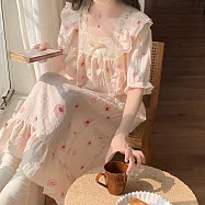 【AnZa】泡泡皺方領花邊睡裙居家服連身裙 FREE 水蜜桃