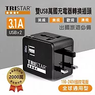 【TRISTAR】雙USB 3.1A萬國充電器轉換插頭 - 黑色