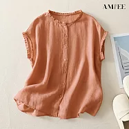 【AMIEE】小個子短款木耳邊短袖襯衫上衣(KDTY-6201) M 桔紅色