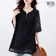 【初色】法式純色氣質小V領鈕扣鏤空蕾絲短袖T恤上衣女上衣-黑色-13290(M-4XL可選) M 黑色