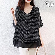 【初色】純色大碼寬鬆V領短袖字母印花雪紡T恤上衣女上衣-黑色-13285(M-4XL可選) M 黑色