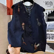 【初色】文藝重工刺繡亞麻風單排釦輕薄寬鬆中長外搭V領背心女背心-共2色-13698(M-2XL可選) M 藏青色