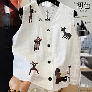 【初色】文藝重工刺繡亞麻風單排釦輕薄寬鬆中長外搭V領背心女背心-共2色-13698(M-2XL可選) XL 白色