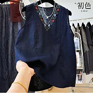 【初色】棉麻風純色V領小花刺繡薄款無袖馬甲背心上衣女上衣-共2色-13713(M-2XL可選) M 藏青色