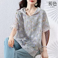 【初色】日系氣質蕾絲緹花花邊寬鬆輕薄短袖連帽帽T上衣女上衣-花色-13279(L-4XL可選) L 花色
