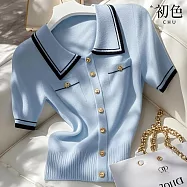 【初色】小香風撞色POLO領單排釦短袖修身針織衫上衣女上衣-藍色-11966(F可選) F 藍色