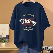 【初色】韓版大碼寬鬆圓領短袖英文印花休閒T恤上衣女上衣-共10色-12496(M-3XL可選) 3XL 藏青色