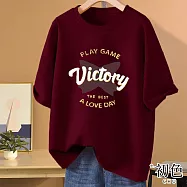 【初色】韓版大碼寬鬆圓領短袖英文印花休閒T恤上衣女上衣-共10色-12496(M-3XL可選) 3XL 酒紅色