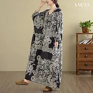 【AMIEE】棉麻假風旅遊V領復古連身裙洋裝(KDDY-5027) FREE 黑色花