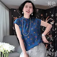 【初色】新中式復古印花立領斜門襟盤扣馬甲背心-6款任選-13252(M-2XL可選) 2XL D.藍色