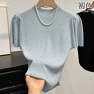 【初色】純色燙鑽時尚休閒百搭圓領泡泡袖針織T恤上衣女上衣-共4色-11972(F可選) F 藍色