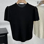 【初色】純色燙鑽時尚休閒百搭圓領泡泡袖針織T恤上衣女上衣-共4色-11972(F可選) F 黑色