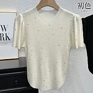 【初色】純色燙鑽時尚休閒百搭圓領泡泡袖針織T恤上衣女上衣-共4色-11972(F可選) F 米白色