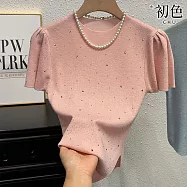 【初色】純色燙鑽時尚休閒百搭圓領泡泡袖針織T恤上衣女上衣-共4色-11972(F可選) F 粉色