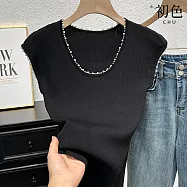 【初色】純色釘珠圓領無袖針織修身顯瘦馬甲背心上衣女上衣-共3色-11984(F可選) F 黑色