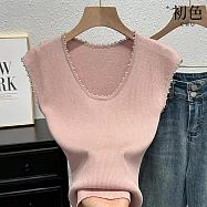 【初色】純色釘珠圓領無袖針織修身顯瘦馬甲背心上衣女上衣-共3色-11984(F可選) F 粉色