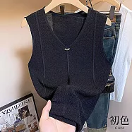 【初色】休閒紋理純色縫紉扣裝飾V領無袖內搭打底冰絲吊帶針織背心女背心-共2色-11985(F可選) F 黑色